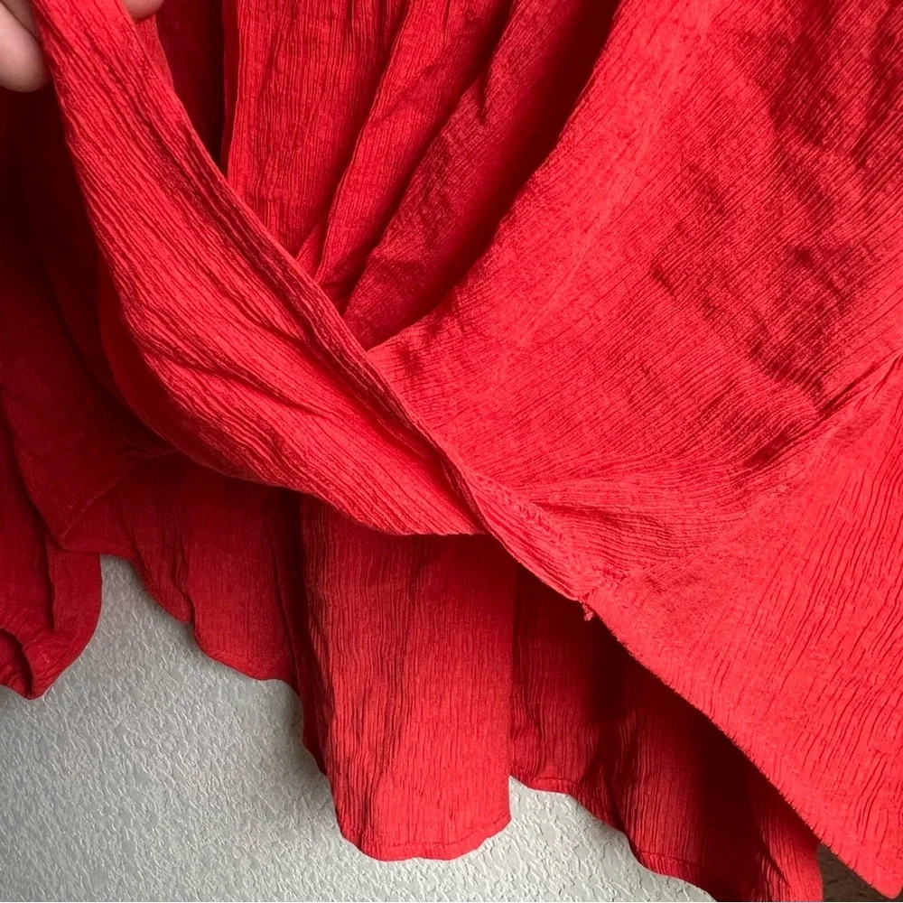 Free People Check On It Wrap Crinkle Crepe Blouse Top in Flame Red, size M